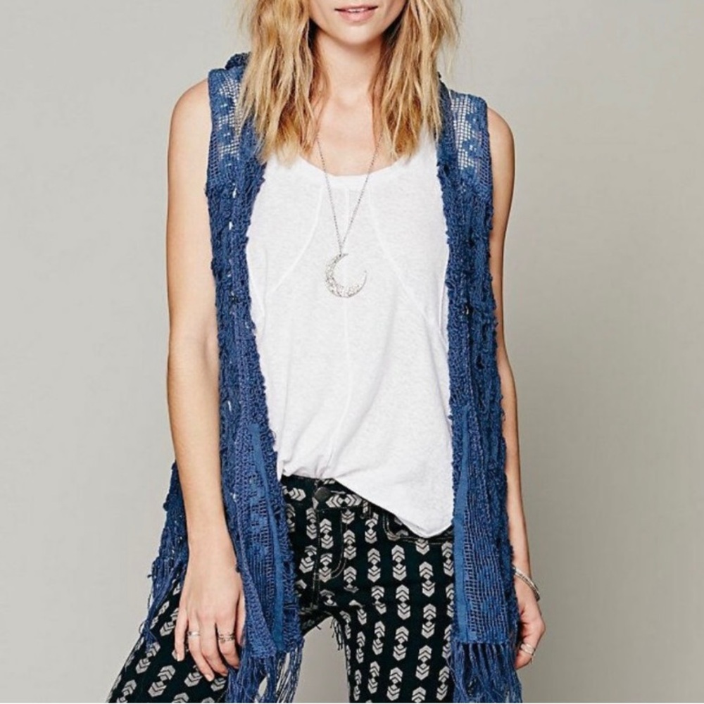 Free People Navy Blue Crochet Fringe Vest